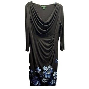 Lauren Ralph Lauren Black/Blue Floral Drape Neck Ruched Jersey Dress Size 12